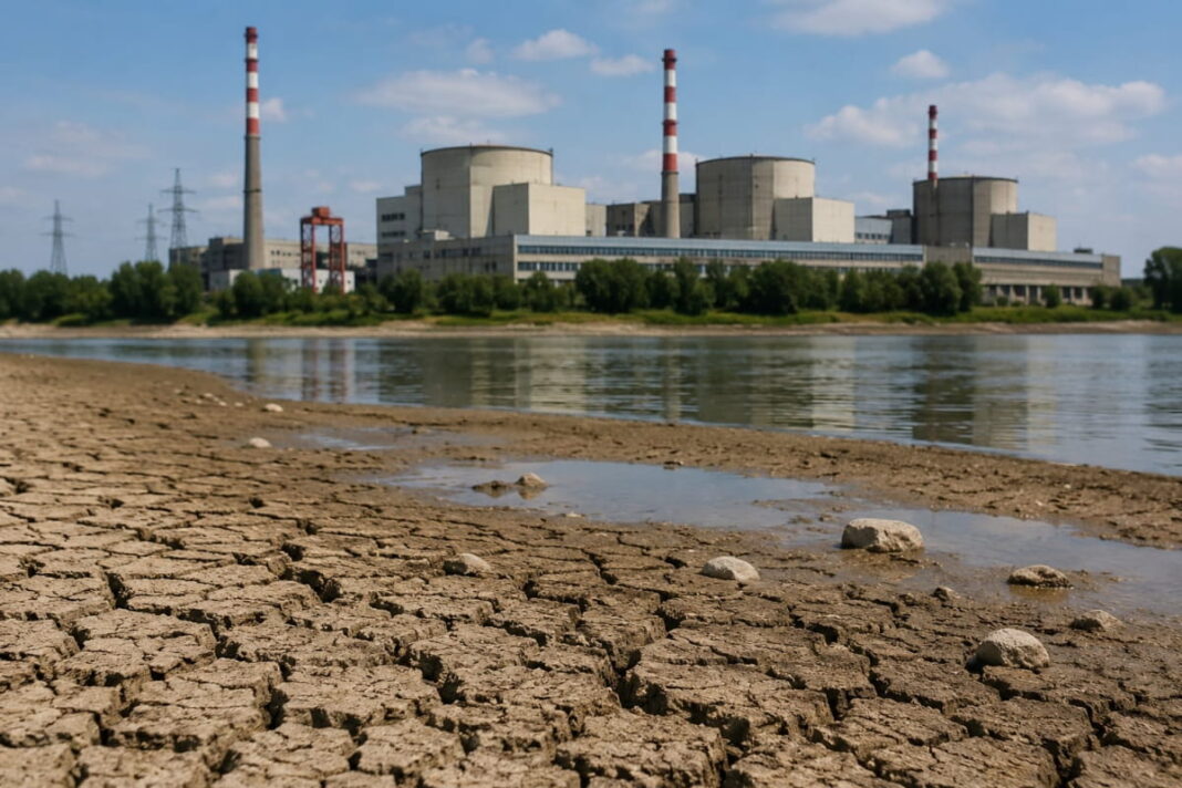 Атомна електростанція на березі обмілілого через тривалу посуху Дунаю.